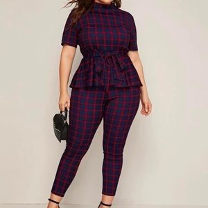 Plus Mock-neck Belted Plaid Peplum Top & Leggings Set